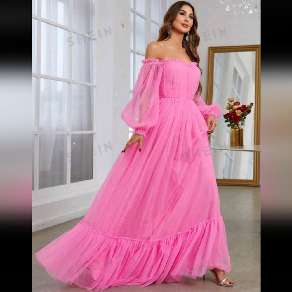 Off the shoulder lantern sleeve ruffle hem mesh Pink dress size M.